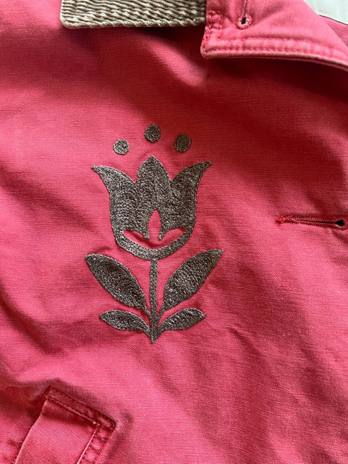 Cropped LL Bean Barn Jacket — Red with Brown Tulip with Tulip