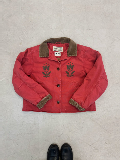 Cropped LL Bean Barn Jacket — Red with Brown Tulip with Tulip