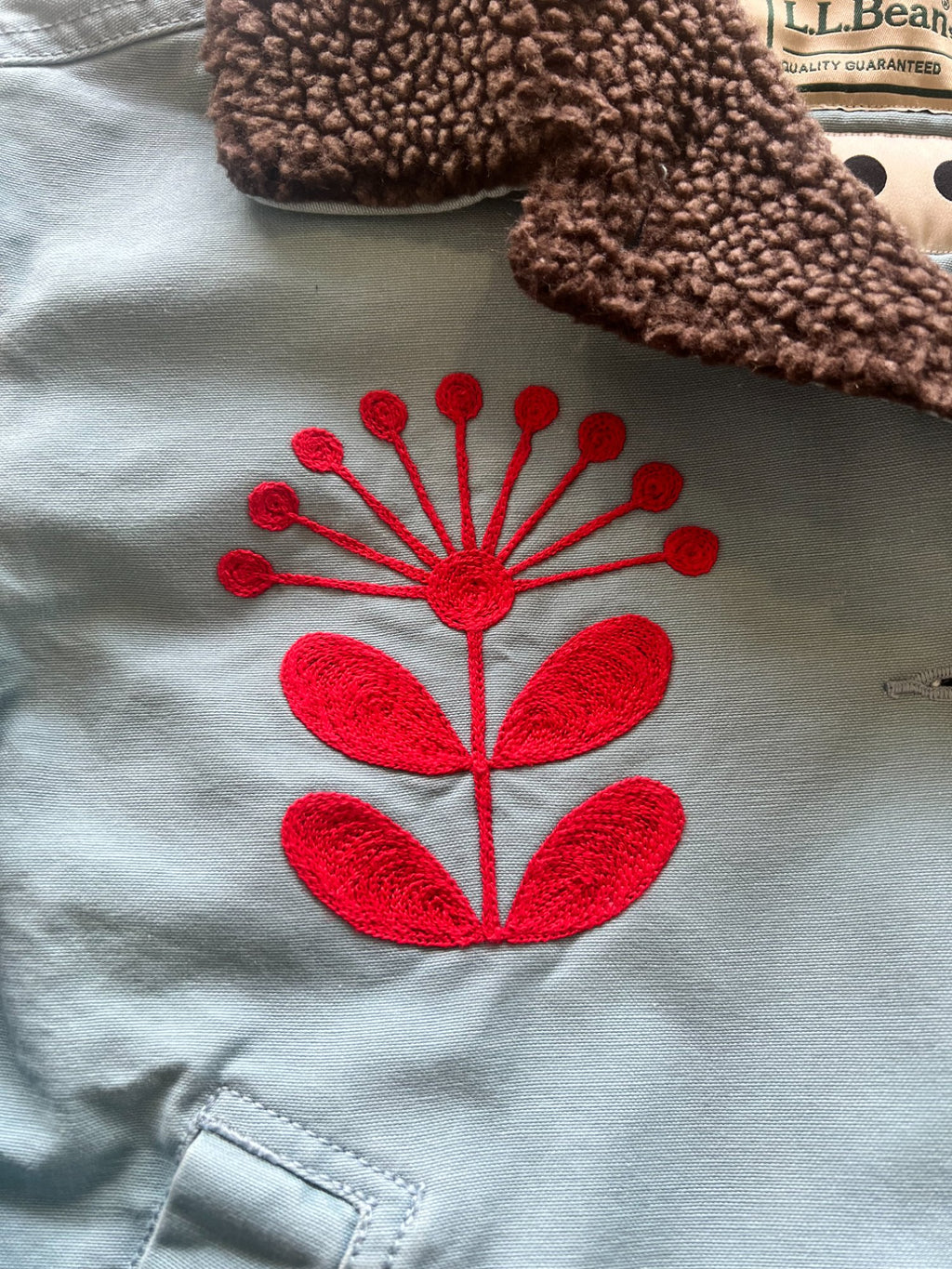 Cropped LL Bean Barn Jacket — Blue with Red Nordic Flower with Folk Flower