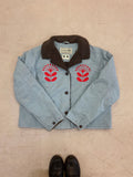 Cropped LL Bean Barn Jacket — Blue with Red Nordic Flower with Folk Flower