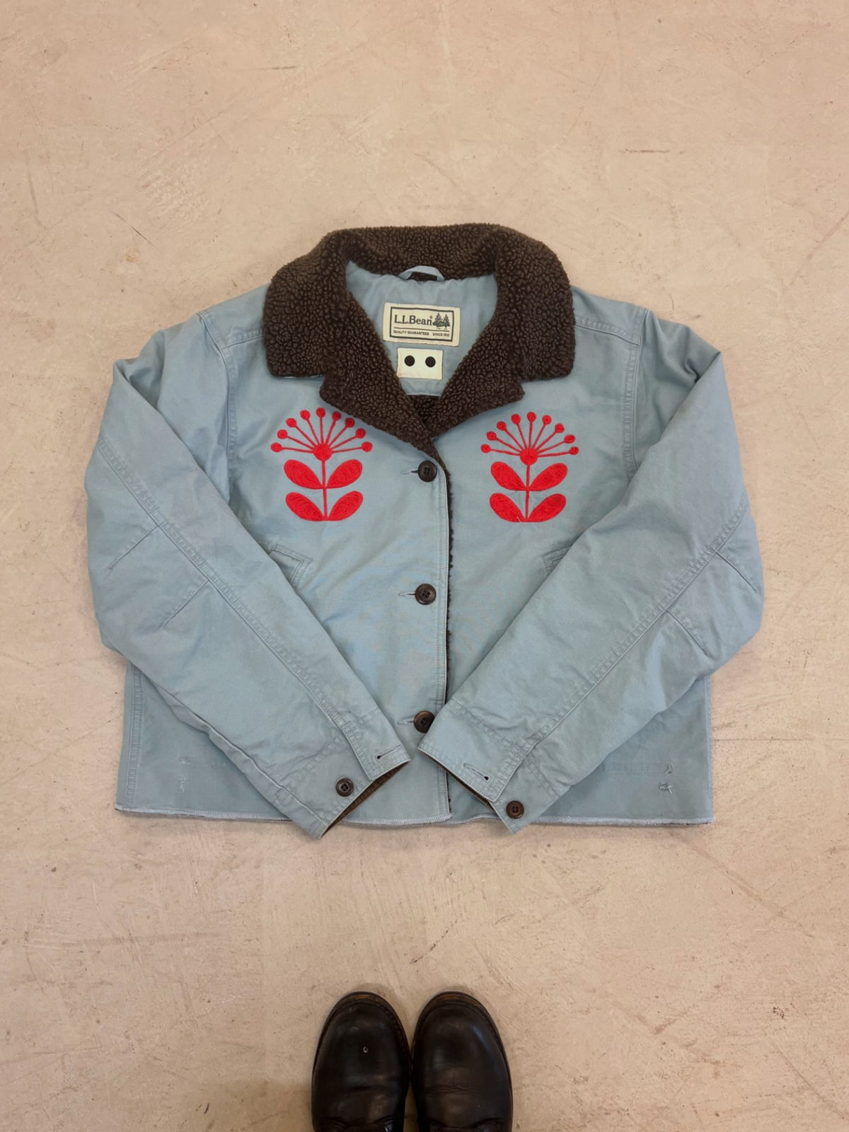 Cropped LL Bean Barn Jacket — Blue with Red Nordic Flower with Folk Flower