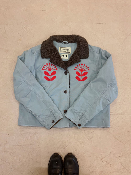 Cropped LL Bean Barn Jacket — Blue with Red Nordic Flower with Folk Flower
