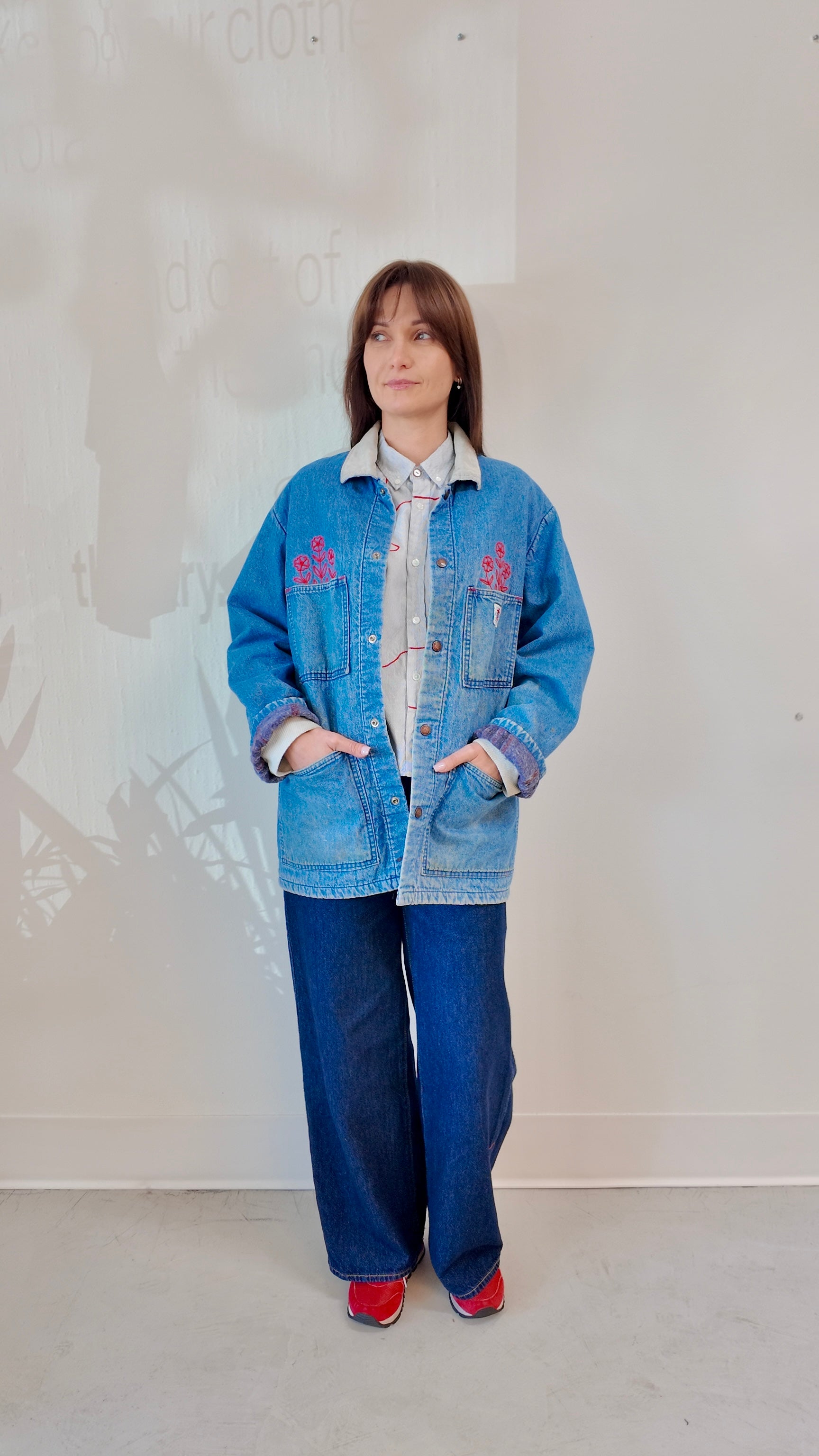 Caboose Denim Chore Coat — Vintage Mid-Wash with Red Florals