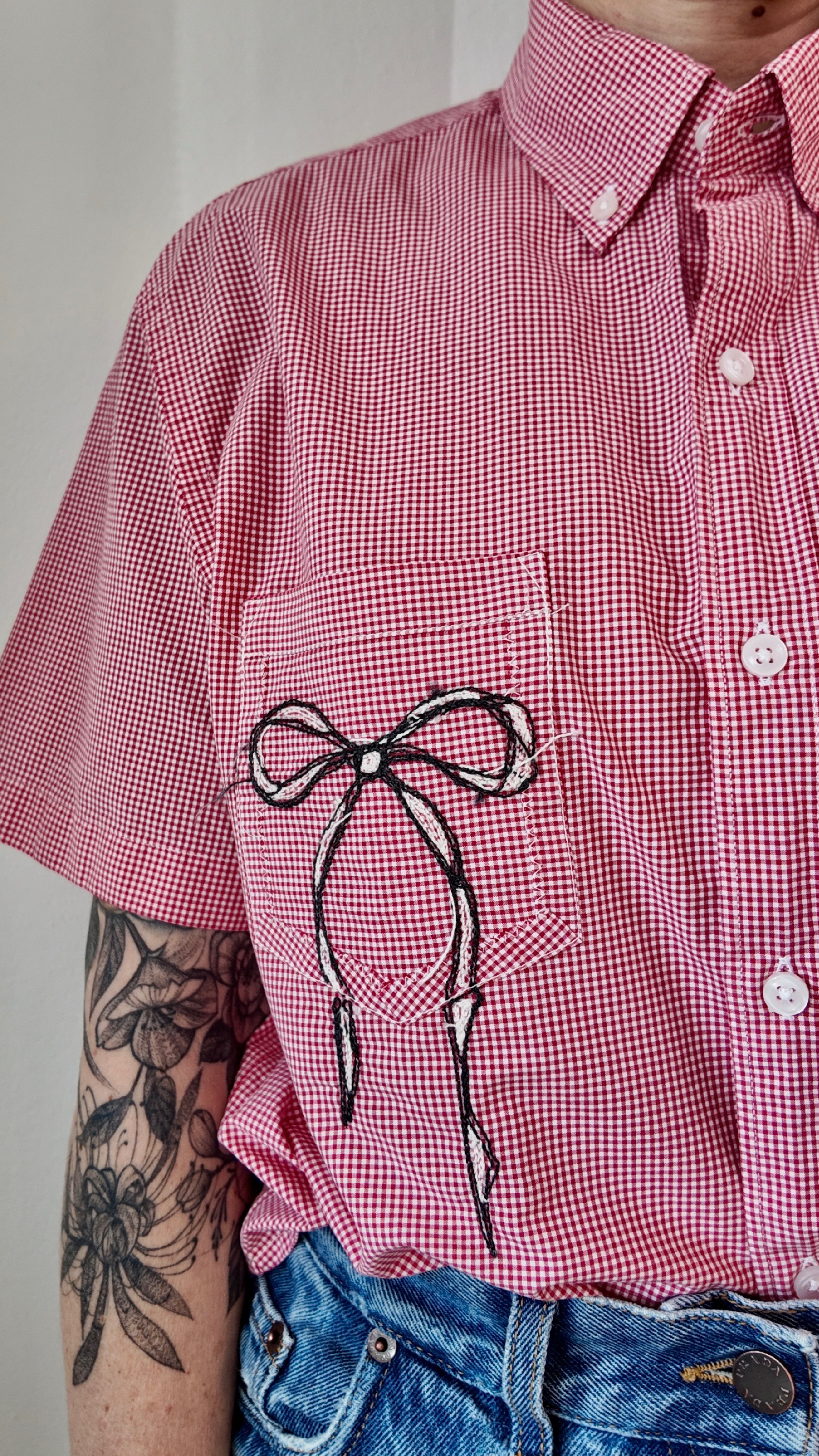 Cropped Button Down — Red Gingham with Black and White Bow Details