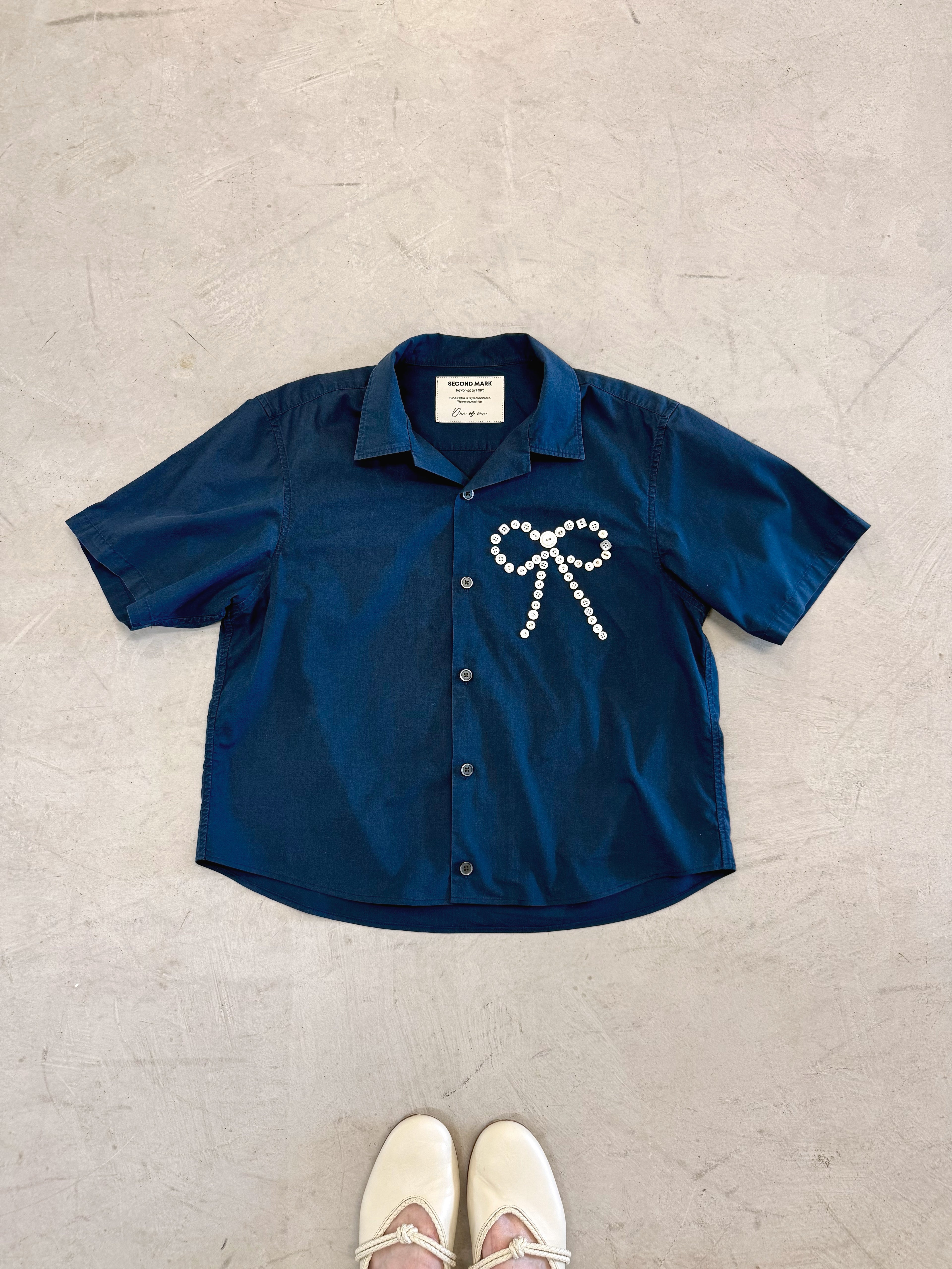 Cropped Button Down — Navy with Vintage Ivory Button Bow Detail