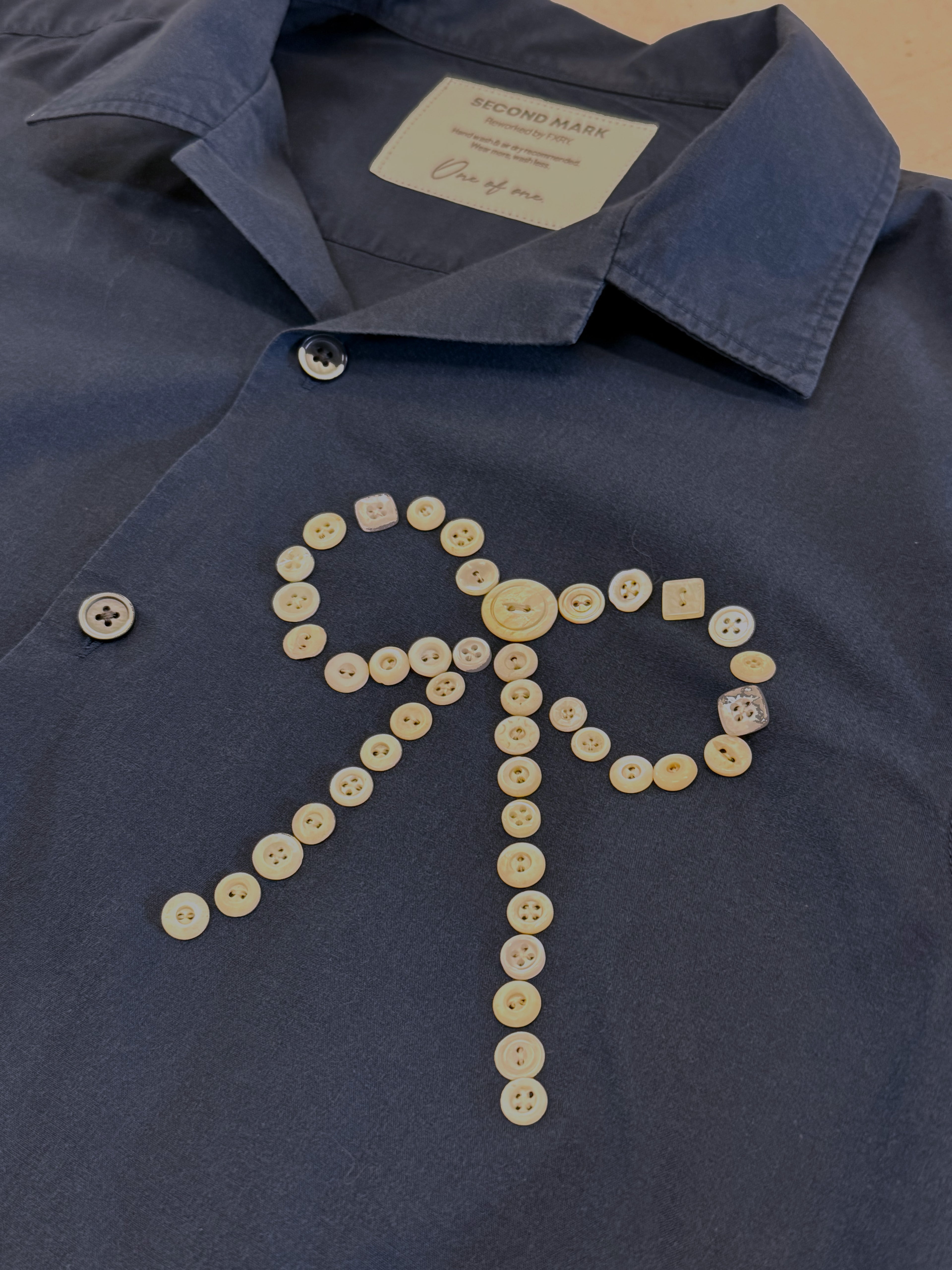 Cropped Button Down — Navy with Vintage Ivory Button Bow Detail