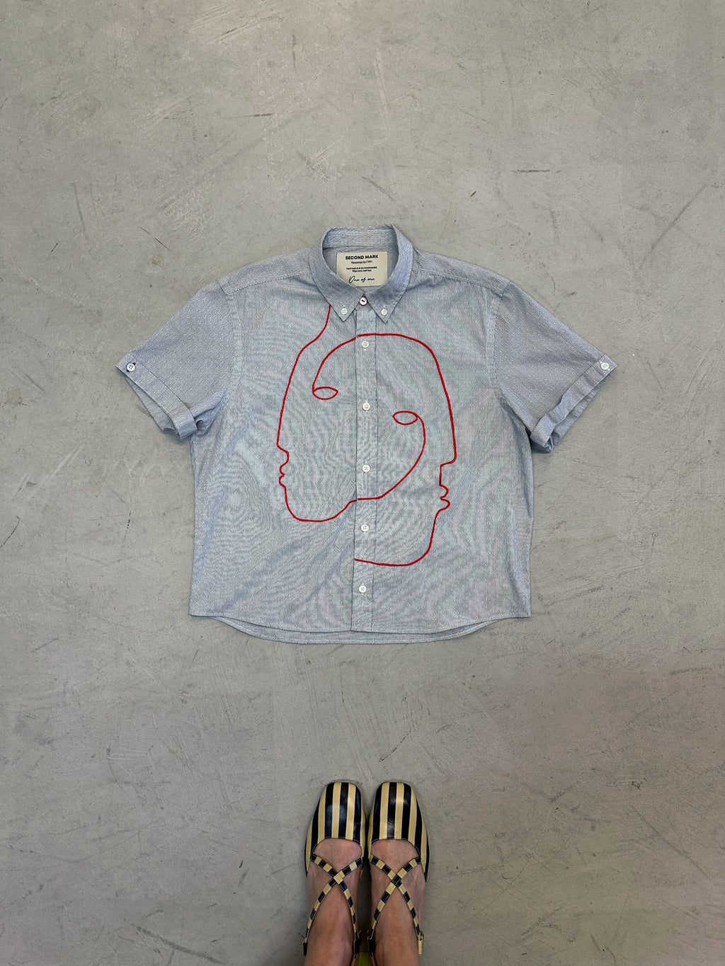 Cropped Button Down — White Pinstripe with Red Faces