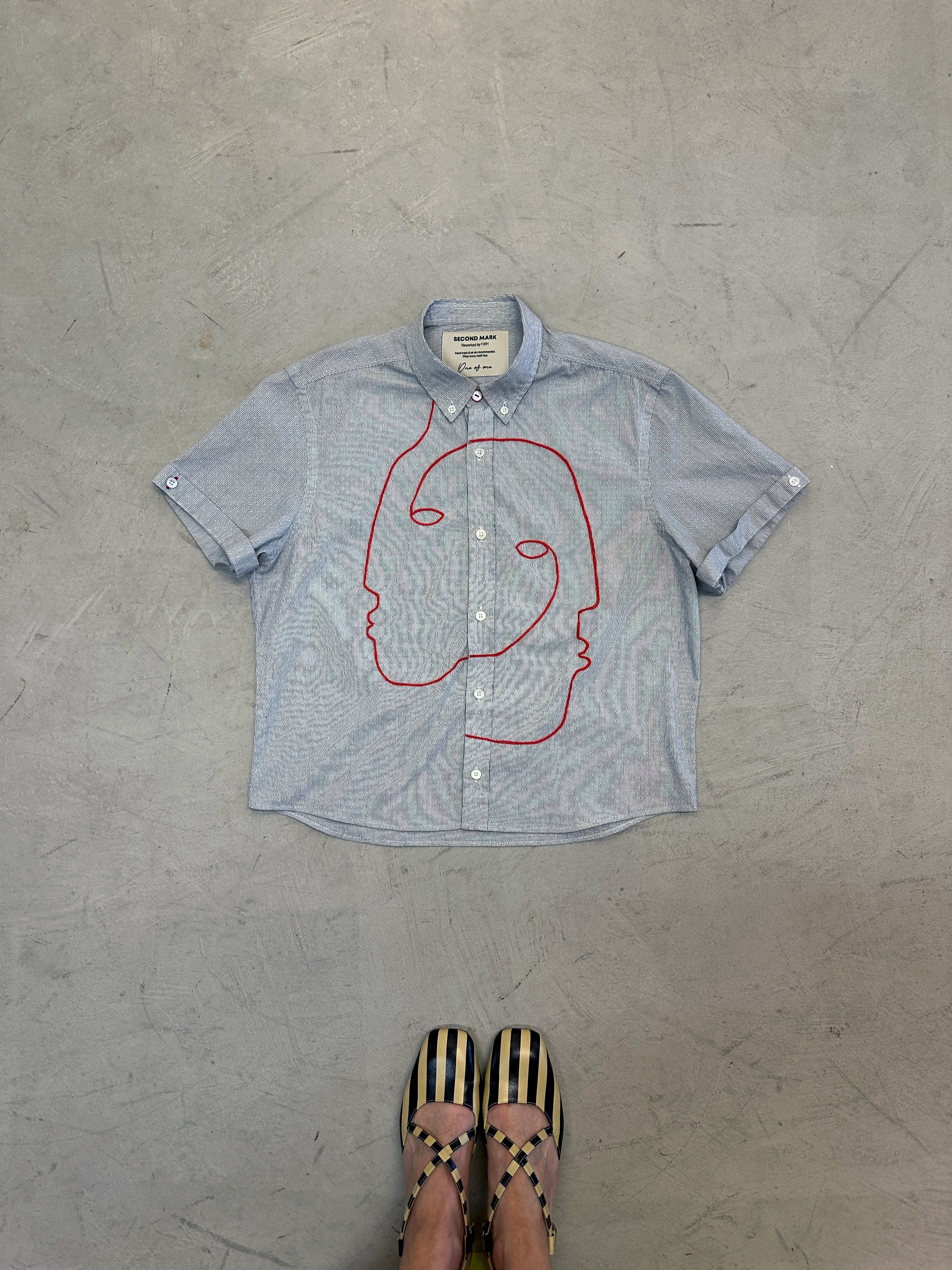 Cropped Button Down — White Pinstripe with Red Faces