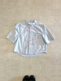 Cropped Short Sleeve Button Down — Pale Blue with Red Faces · S/M