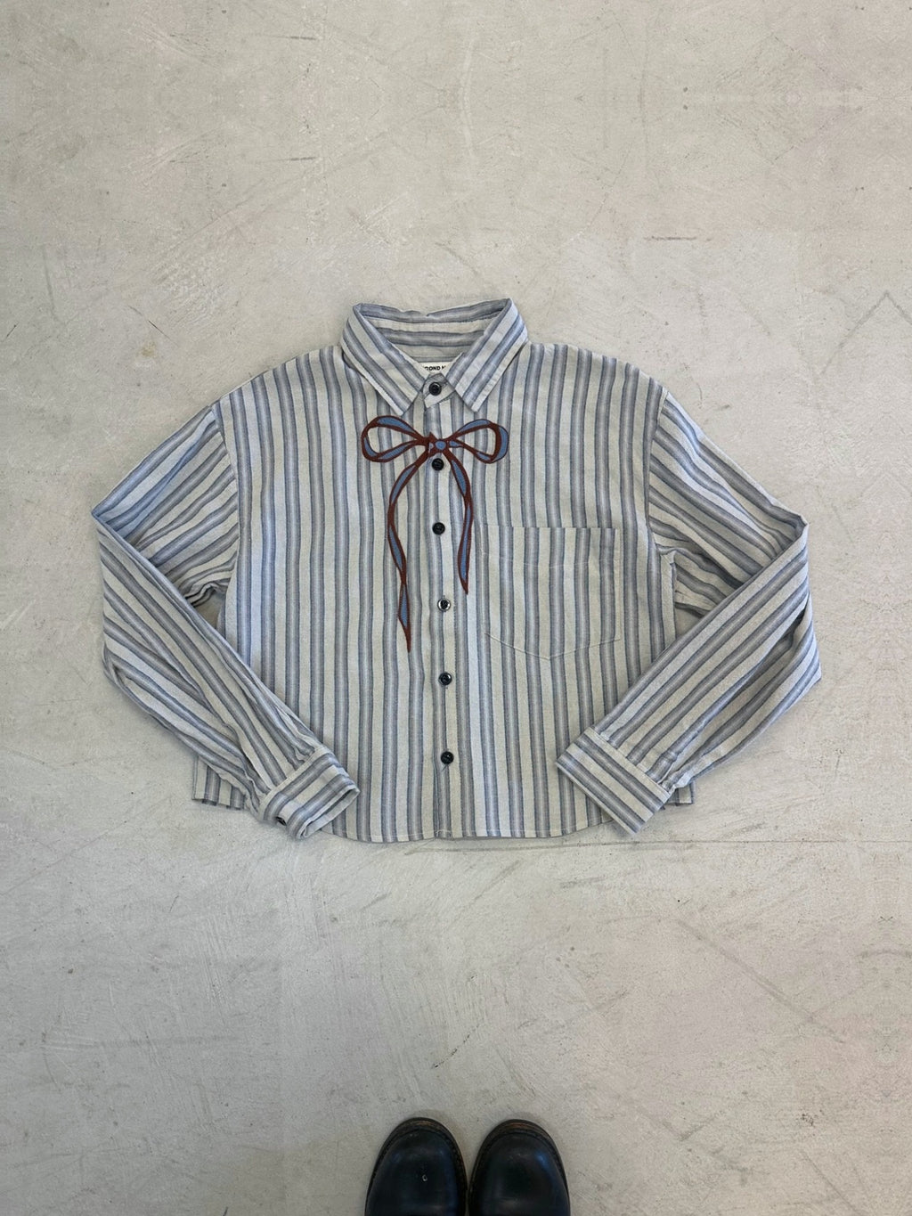 Cropped Long Sleeve Button Down - Light Grey w/Blue and mauve stripes