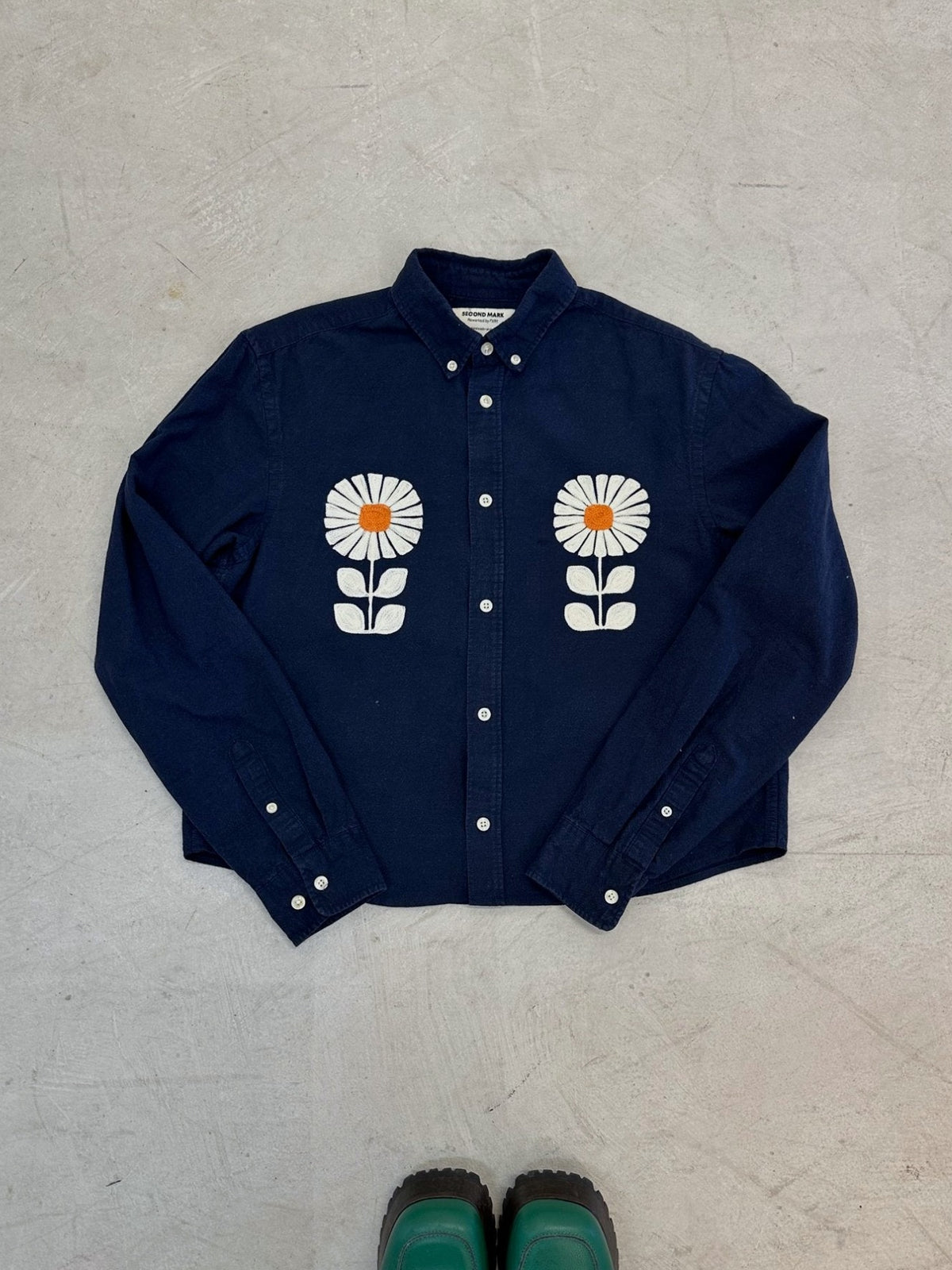 Cropped Long Sleeve Button Down- Navy Blue