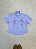 Cropped Short Sleeve Button Down — Mid Blue with Red Fish · XS/S