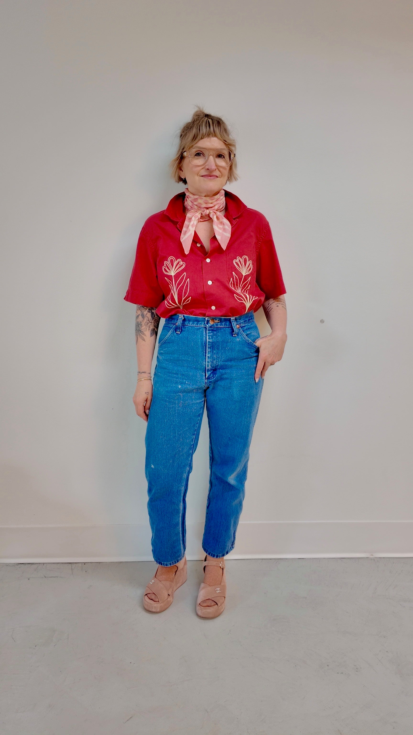 Cropped Button Down — Washed Red with Ivory Floral