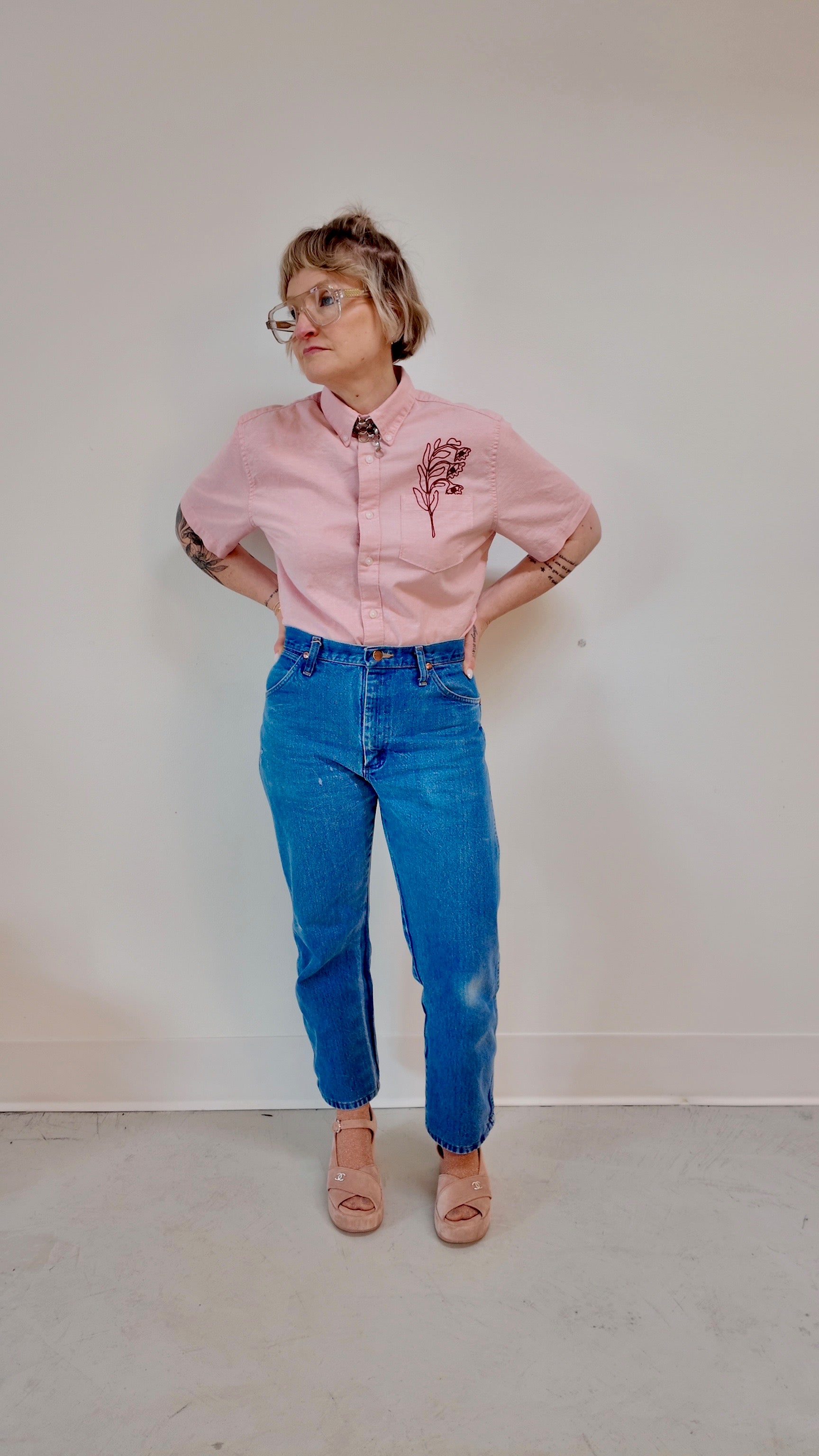 Cropped Button Down — Soft Pink with Crimson Floral Eyes