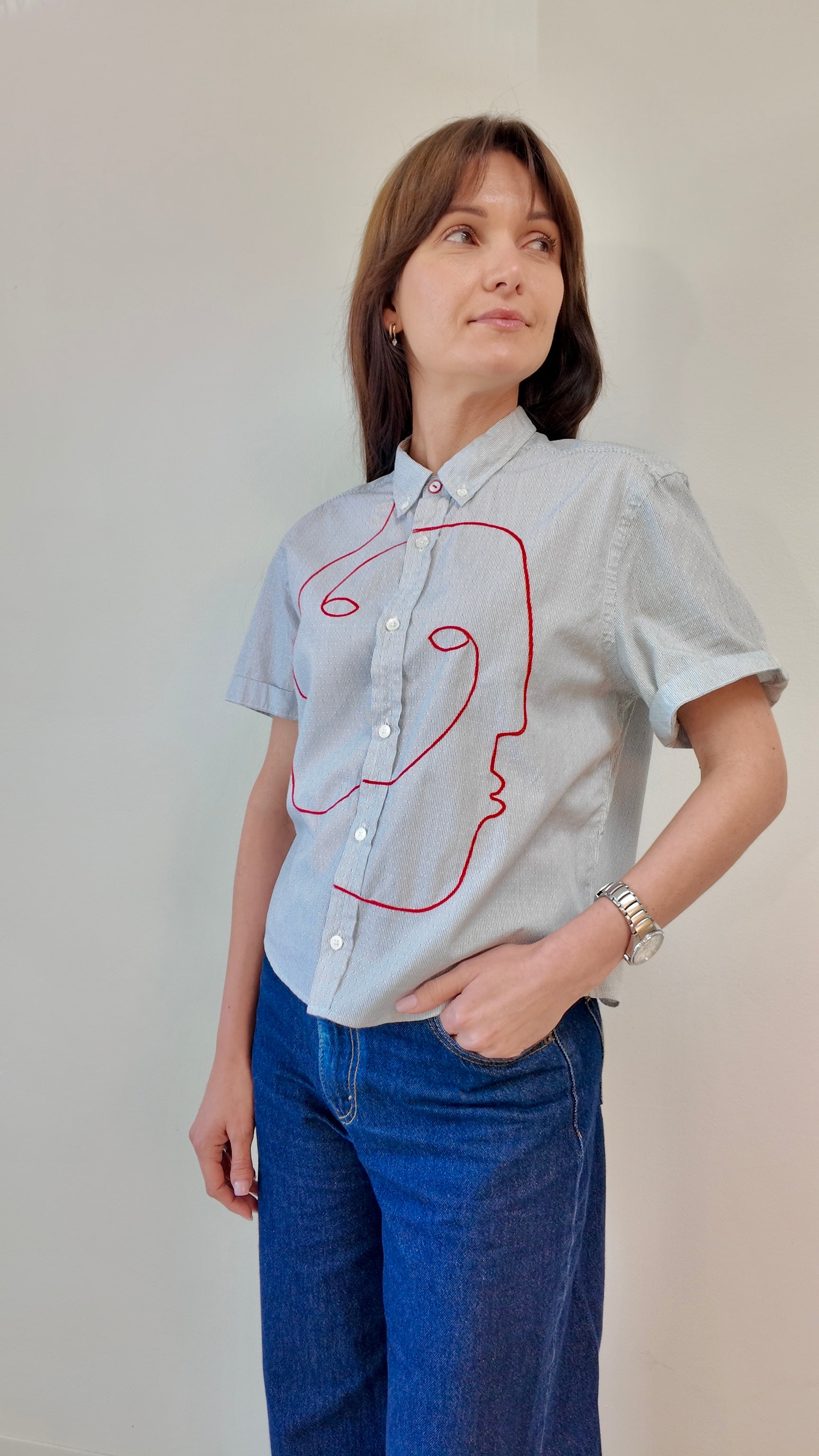 Cropped Button Down — White Pinstripe with Red Faces