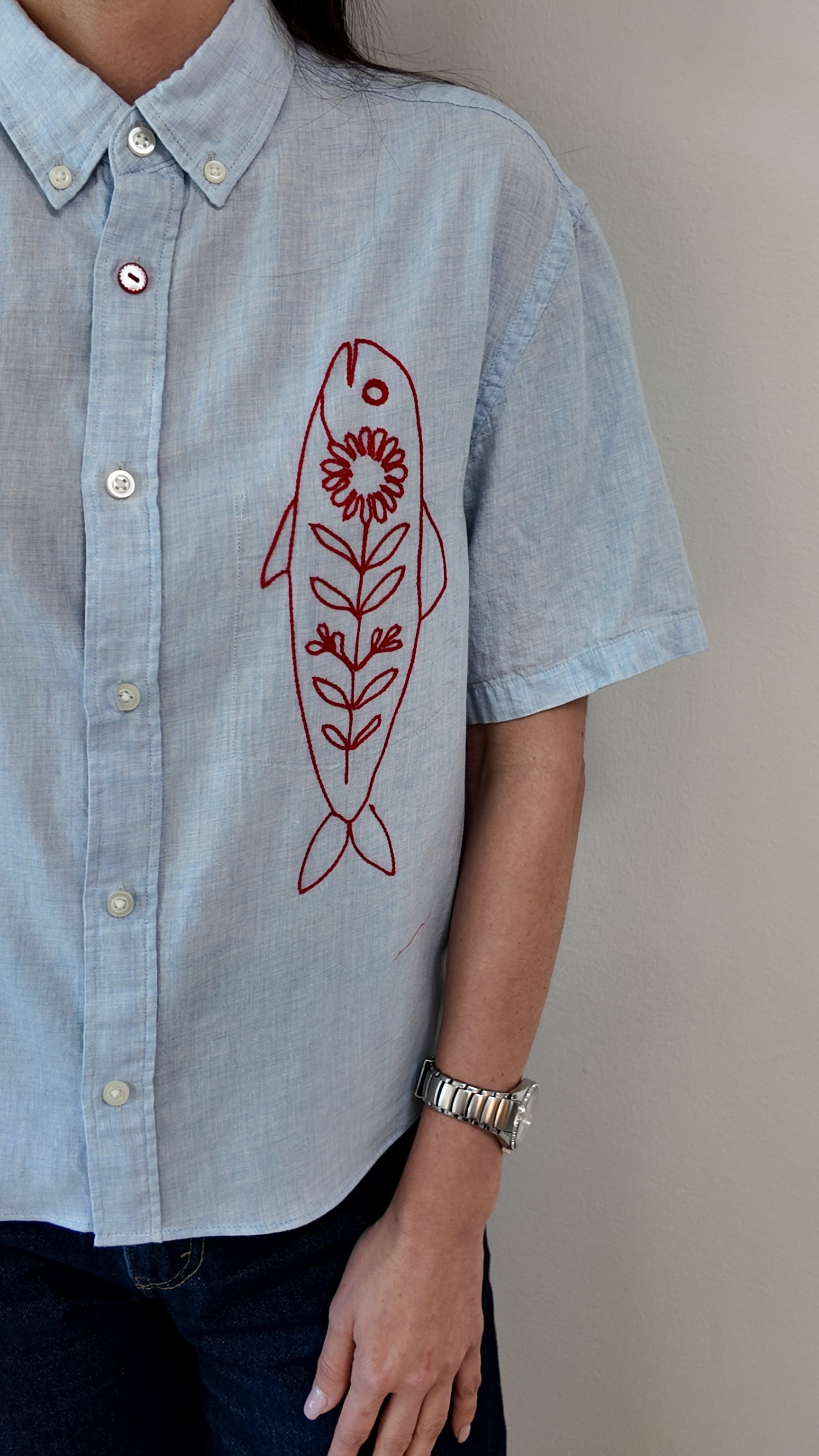 Cropped Button Down — Light Blue Chambray with Red Fish