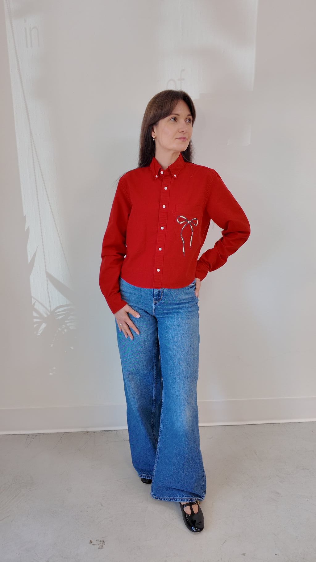 Cropped Button Down — Red with Charcoal and Ivory Bow