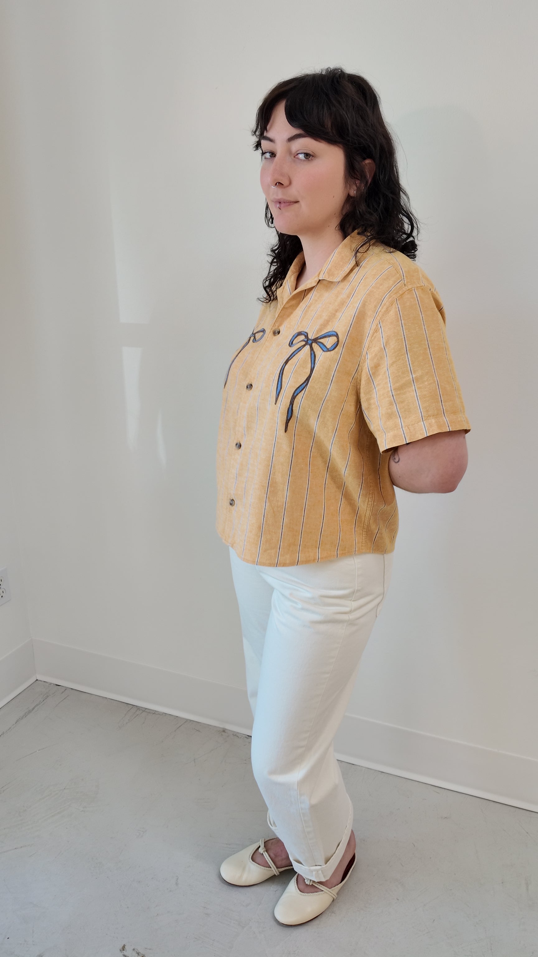 Cropped Button Down — Yellow Striped with Blue and Brown Bows