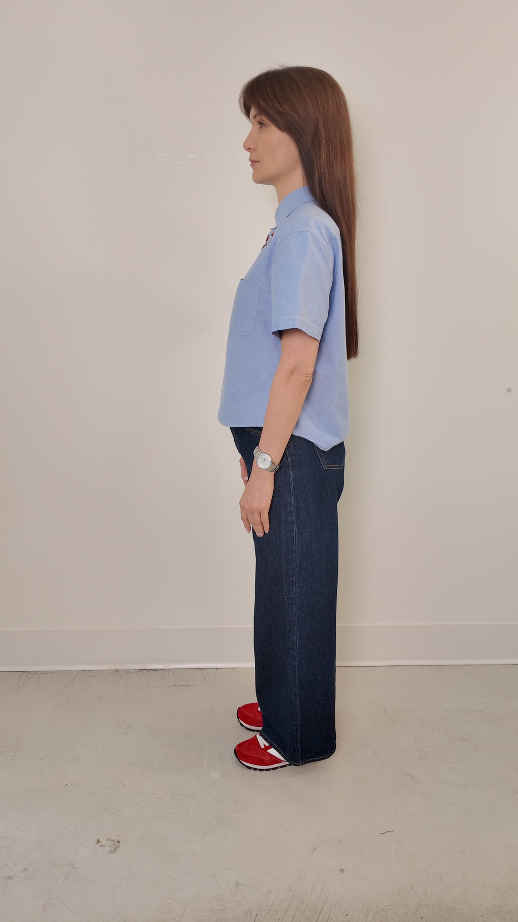 Cropped Button Down — Light Blue with Red and Cream Bow