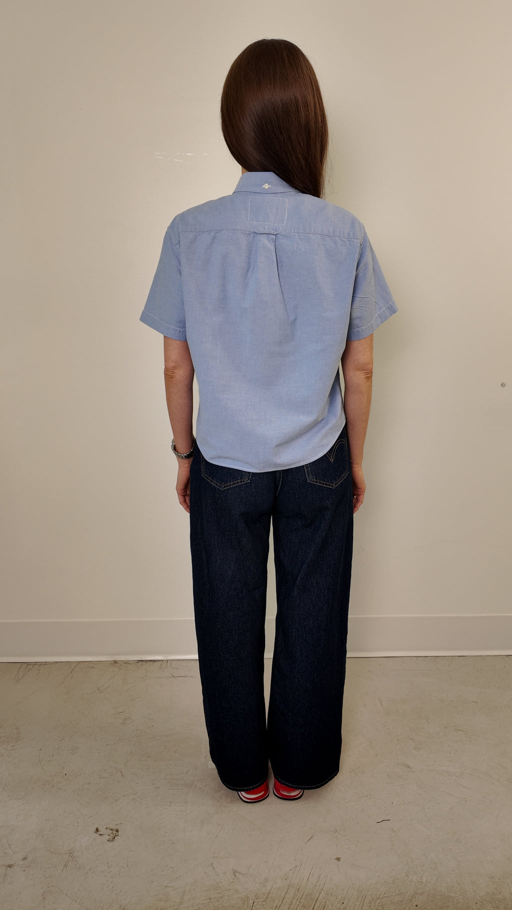 Cropped Button Down — Light Blue with Red and Cream Bow