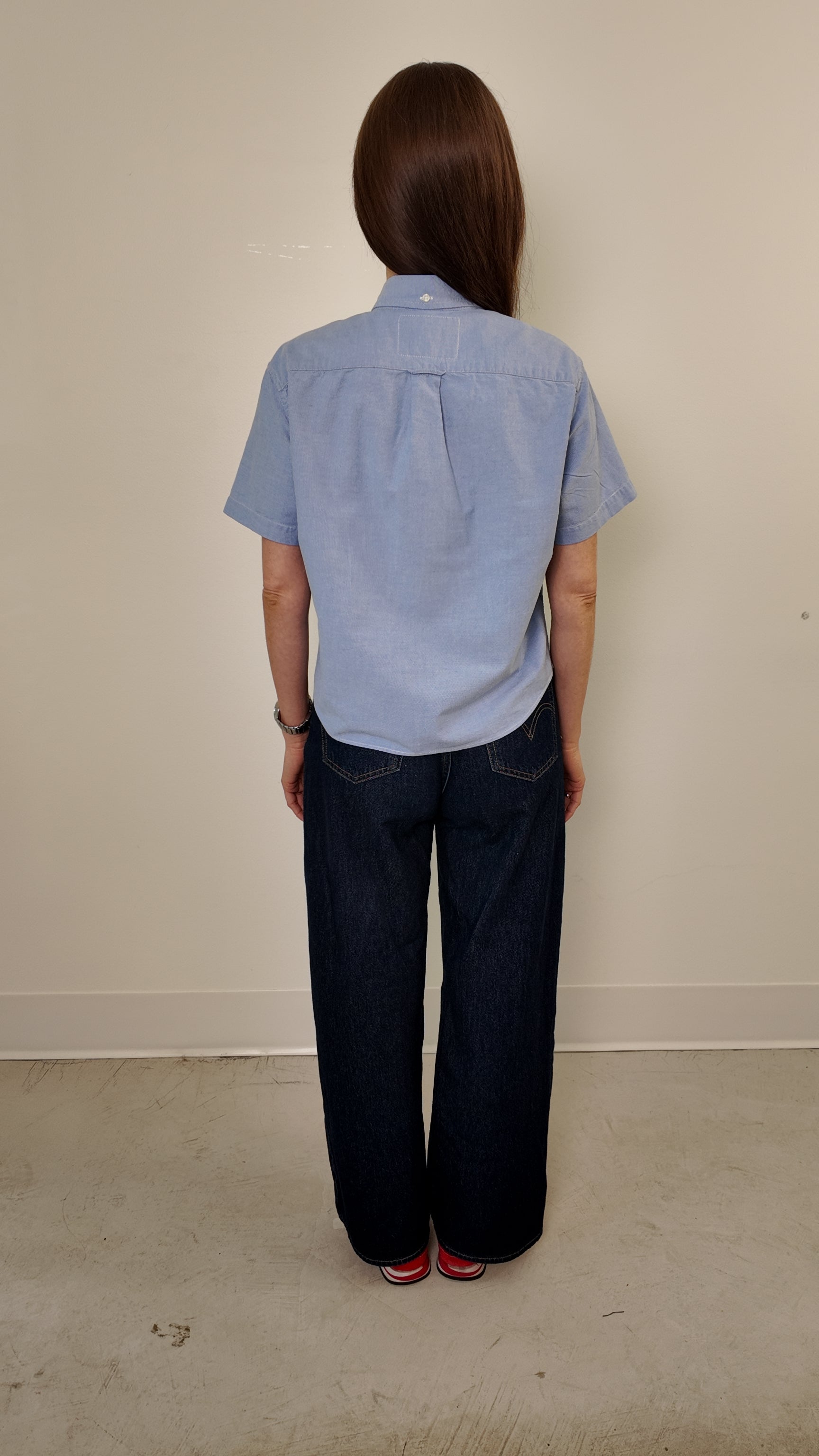 Cropped Button Down — Light Blue with Red and Cream Bow