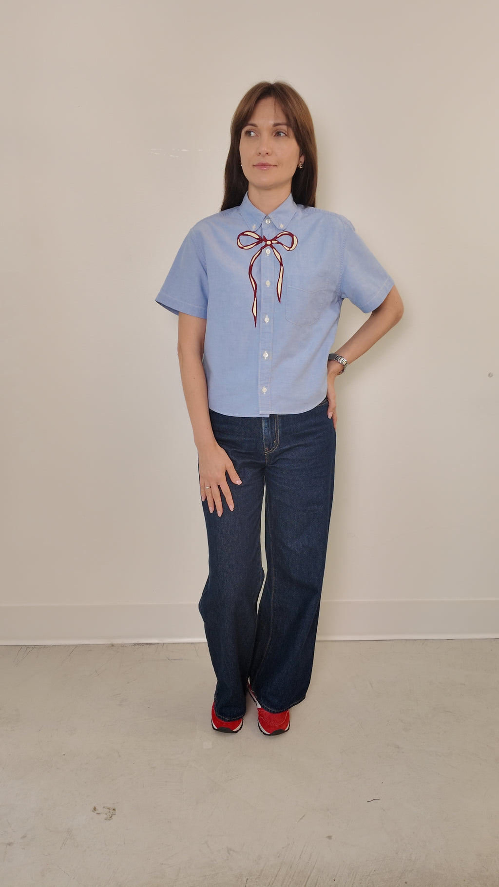 Cropped Button Down — Light Blue with Red and Cream Bow