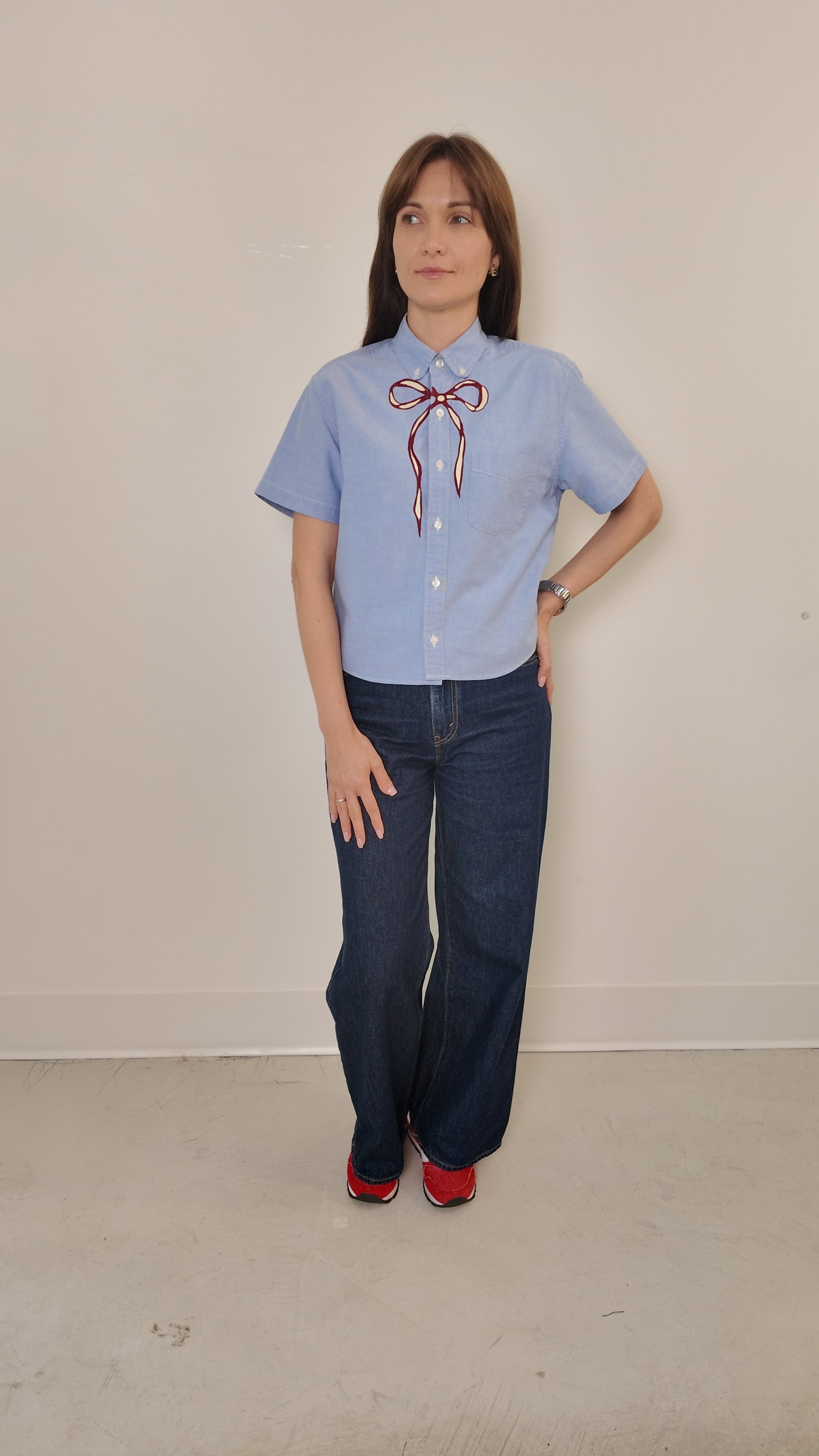 Cropped Button Down — Light Blue with Red and Cream Bow