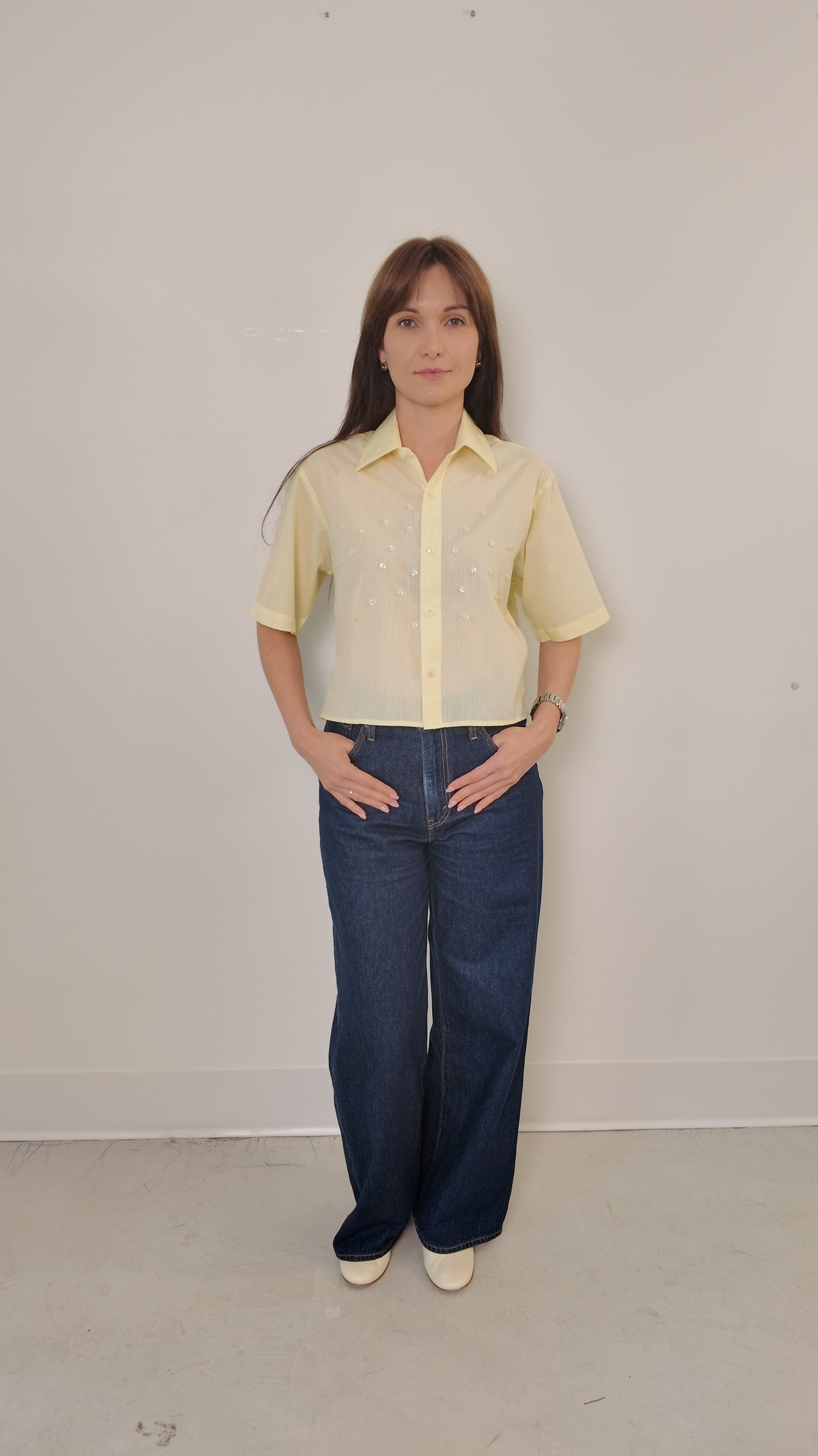 Cropped Button Down — Sheer Striped Yellow with Button Design