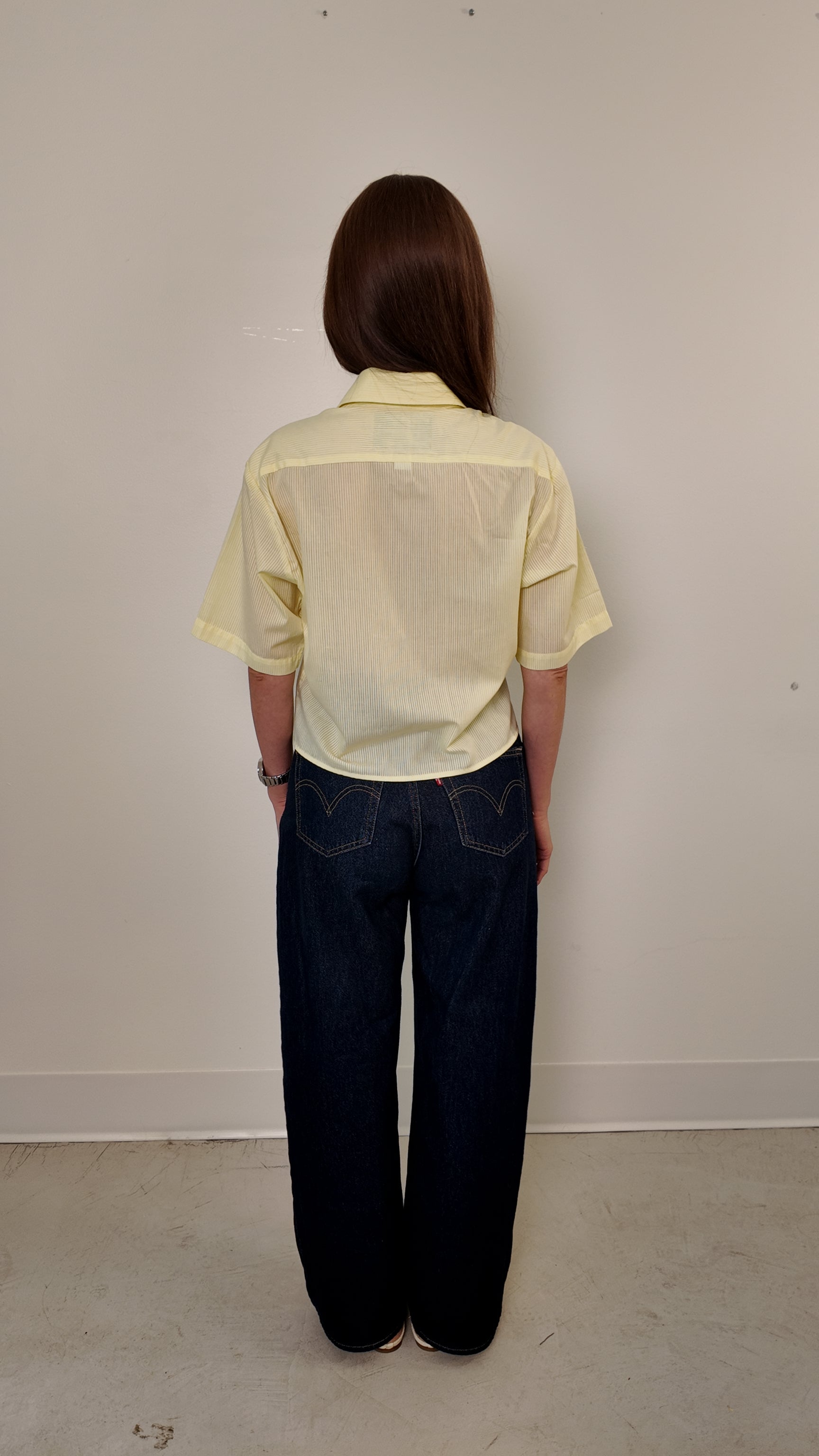 Cropped Button Down — Sheer Striped Yellow with Button Design