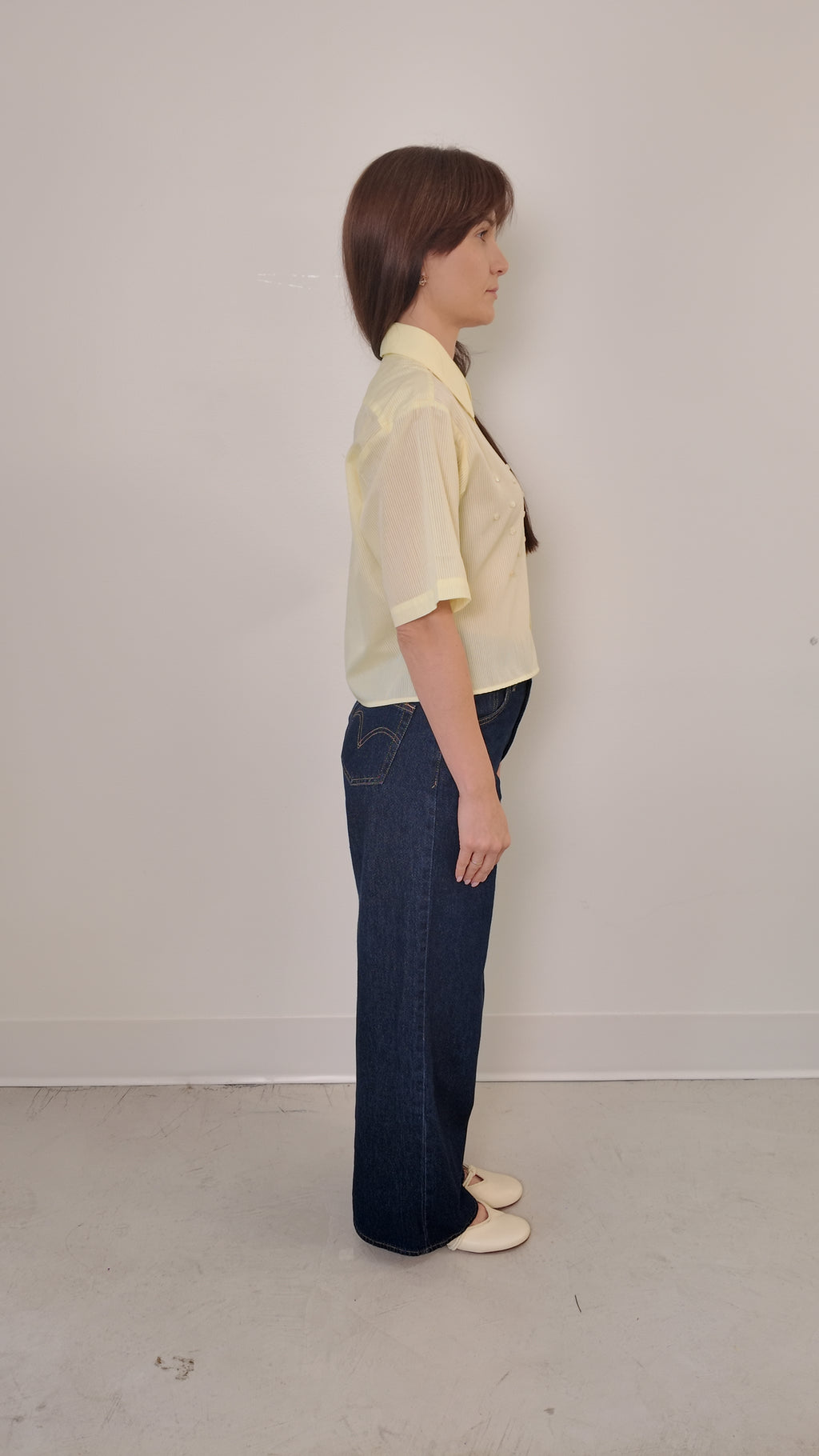 Cropped Button Down — Sheer Striped Yellow with Button Design