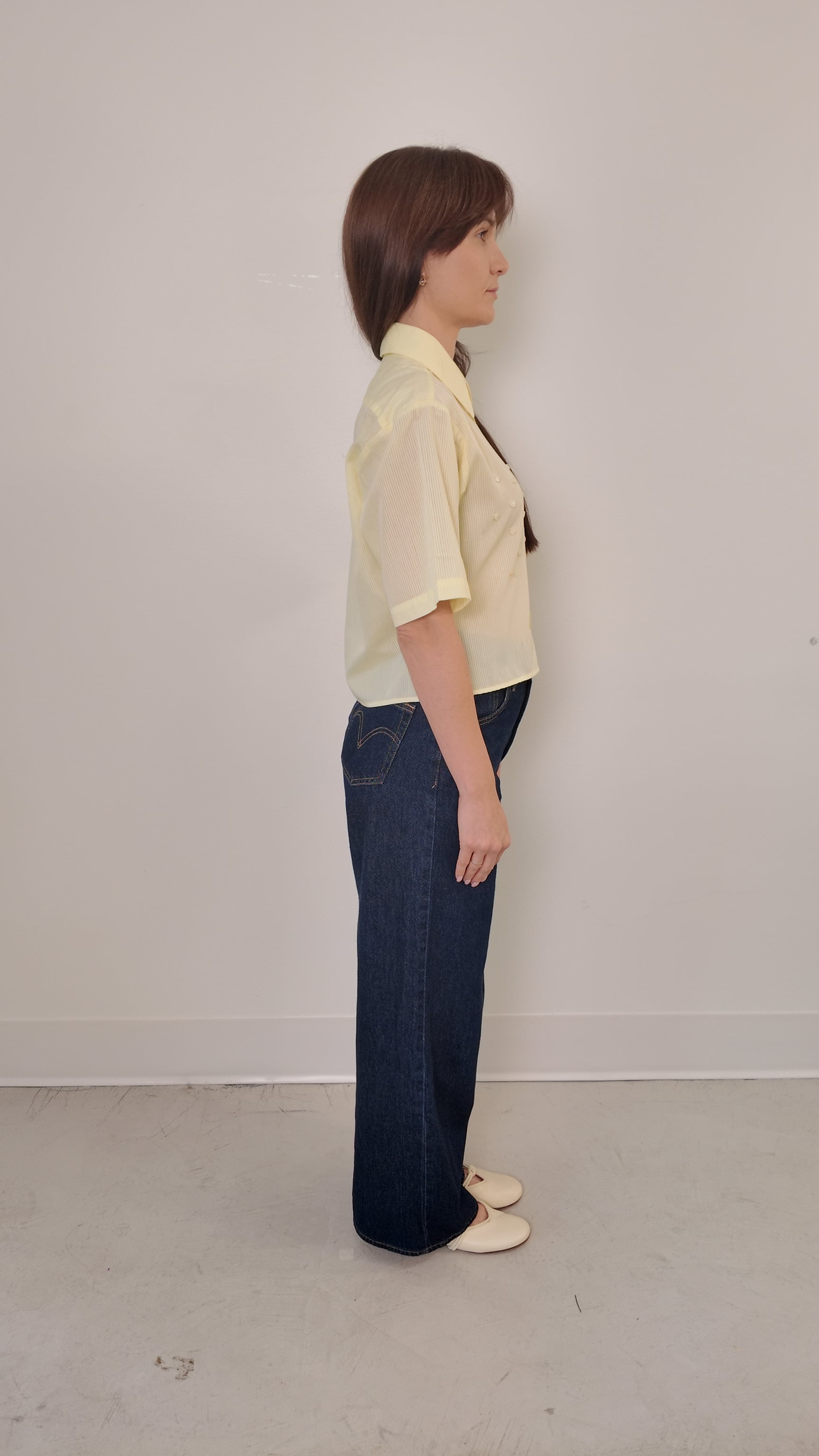 Cropped Button Down — Sheer Striped Yellow with Button Design