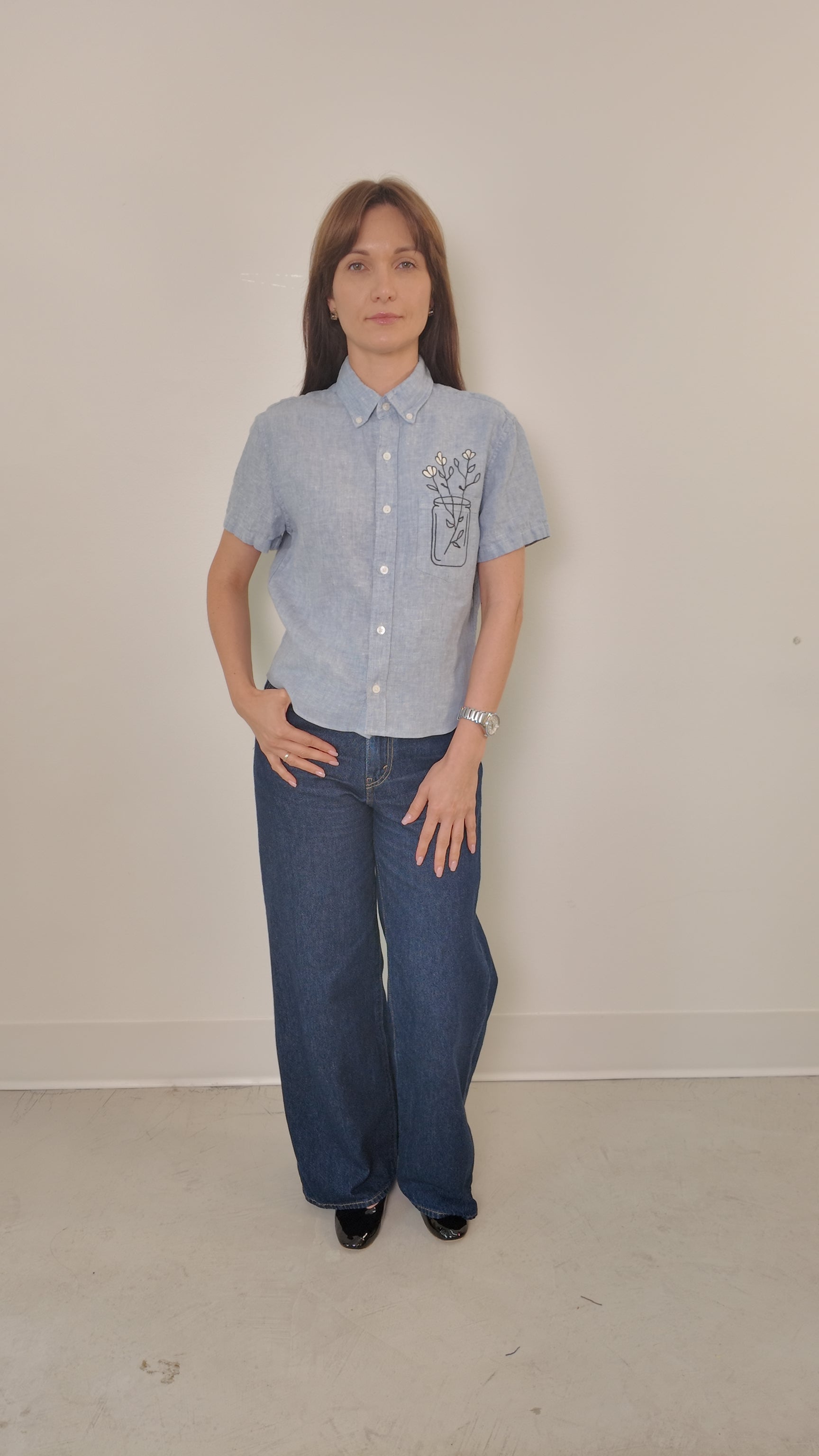 Cropped Button Down — Pale Blue with Black & White Floral Buds in a Vase