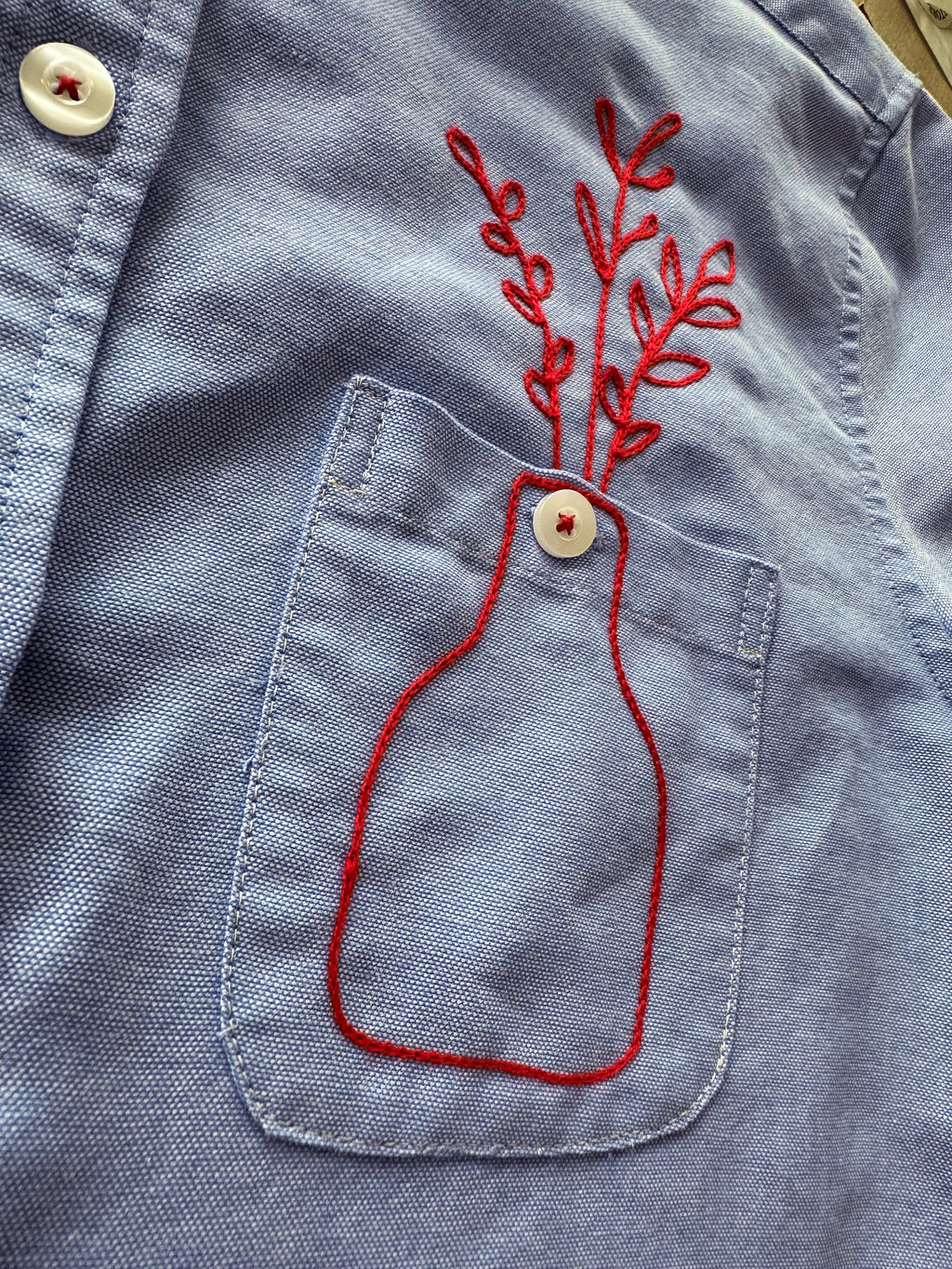 Cropped Button Down — Light Blue with Red Floral Buds in a Vase