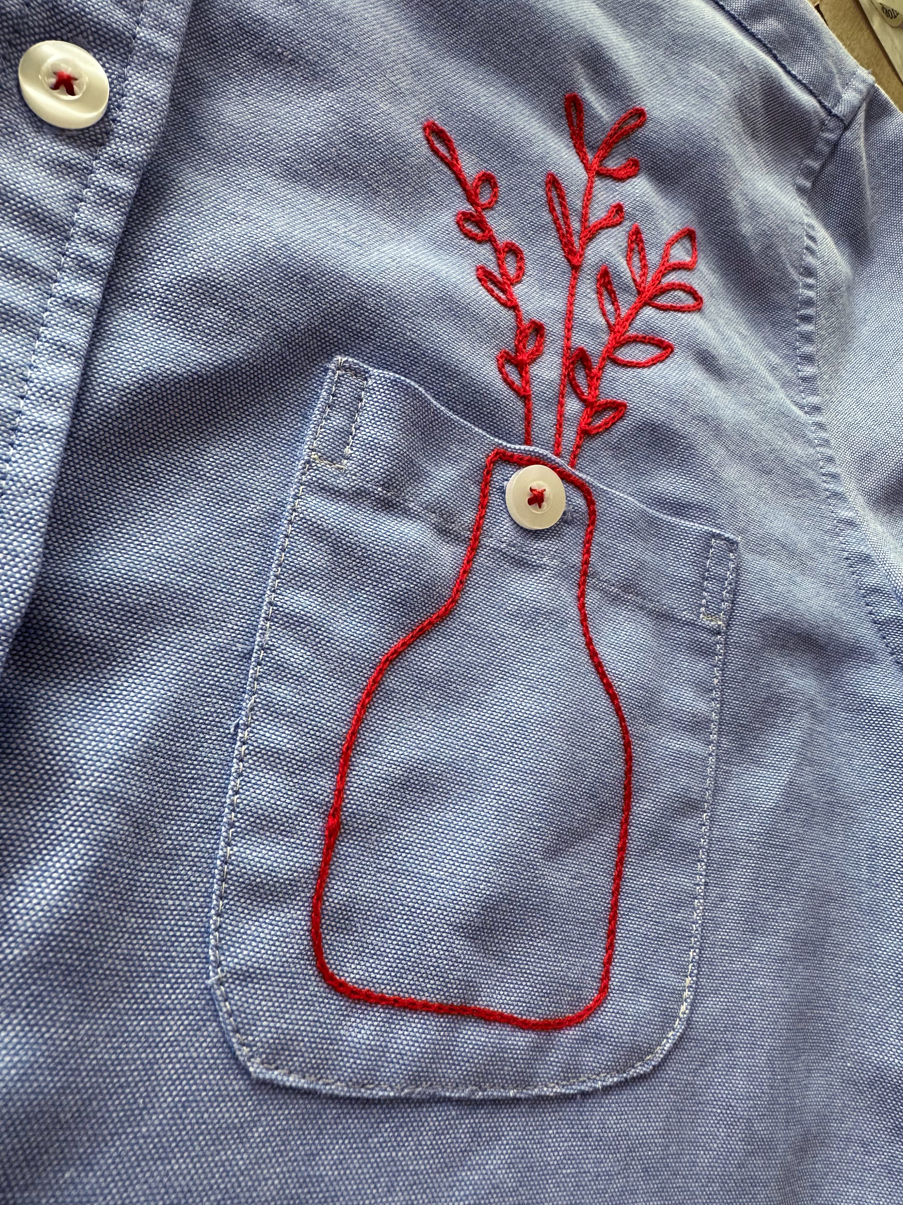 Cropped Button Down — Light Blue with Red Floral Buds in a Vase