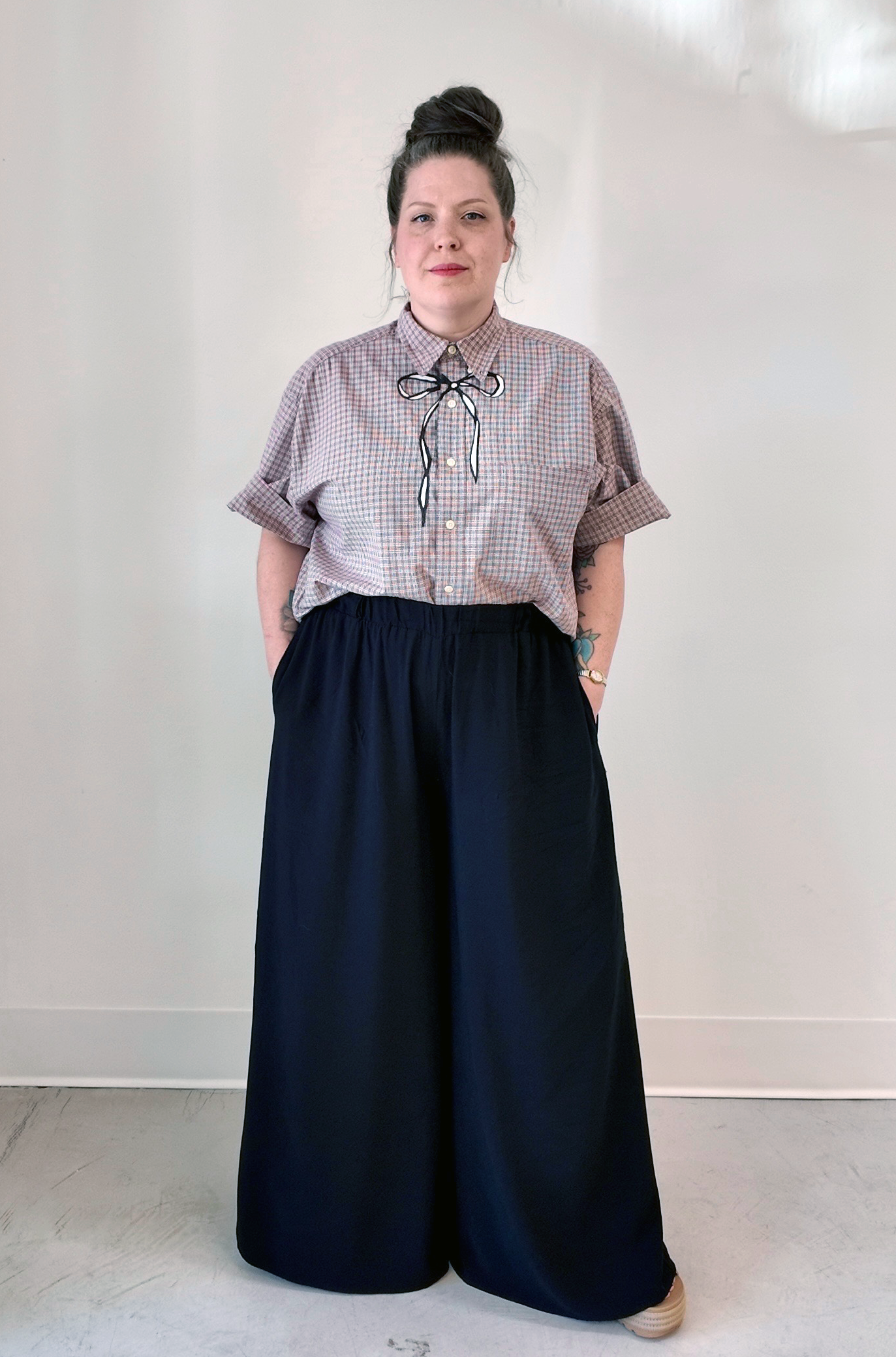 Cropped Button Down — Ivory & Oxblood Micro Plaid with Dark Grey & Ivory Bow