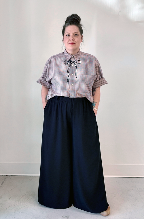 Cropped Button Down — Ivory & Oxblood Micro Plaid with Dark Grey & Ivory Bow