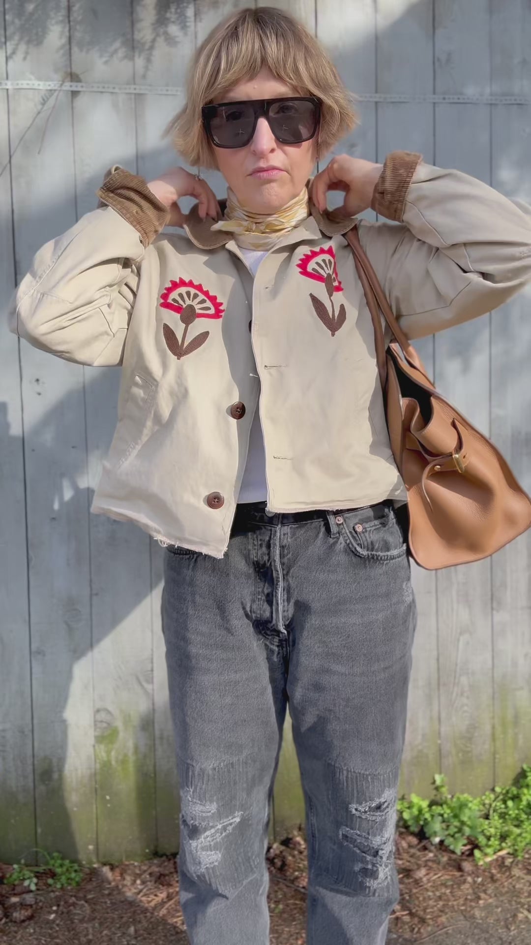 LL Bean Barn Jacket — Beige with Red Folk Flower