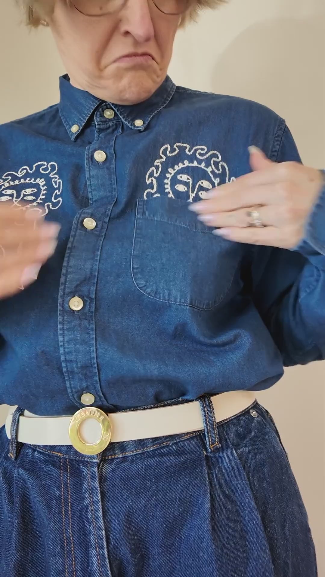 Try-on of the Emily Counts lions shirt