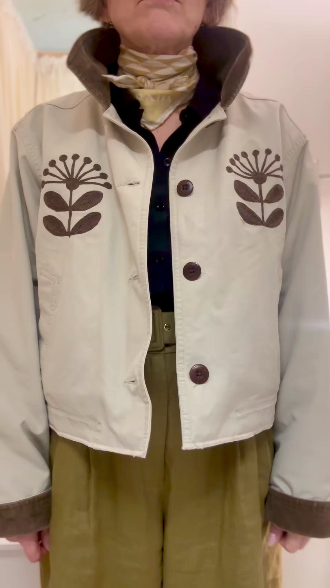 LL Bean Barn Jacket — Beige with Brown Nordic Flower
