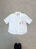 Cropped Short Sleeve Button Down — White Woven Stripe with Red Dala Horse · S/M